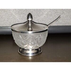 WILLIAM ADAMS FROSTED GLASS ROSE BOWL w/Lead Crystal & Silver plated LID  ITALY